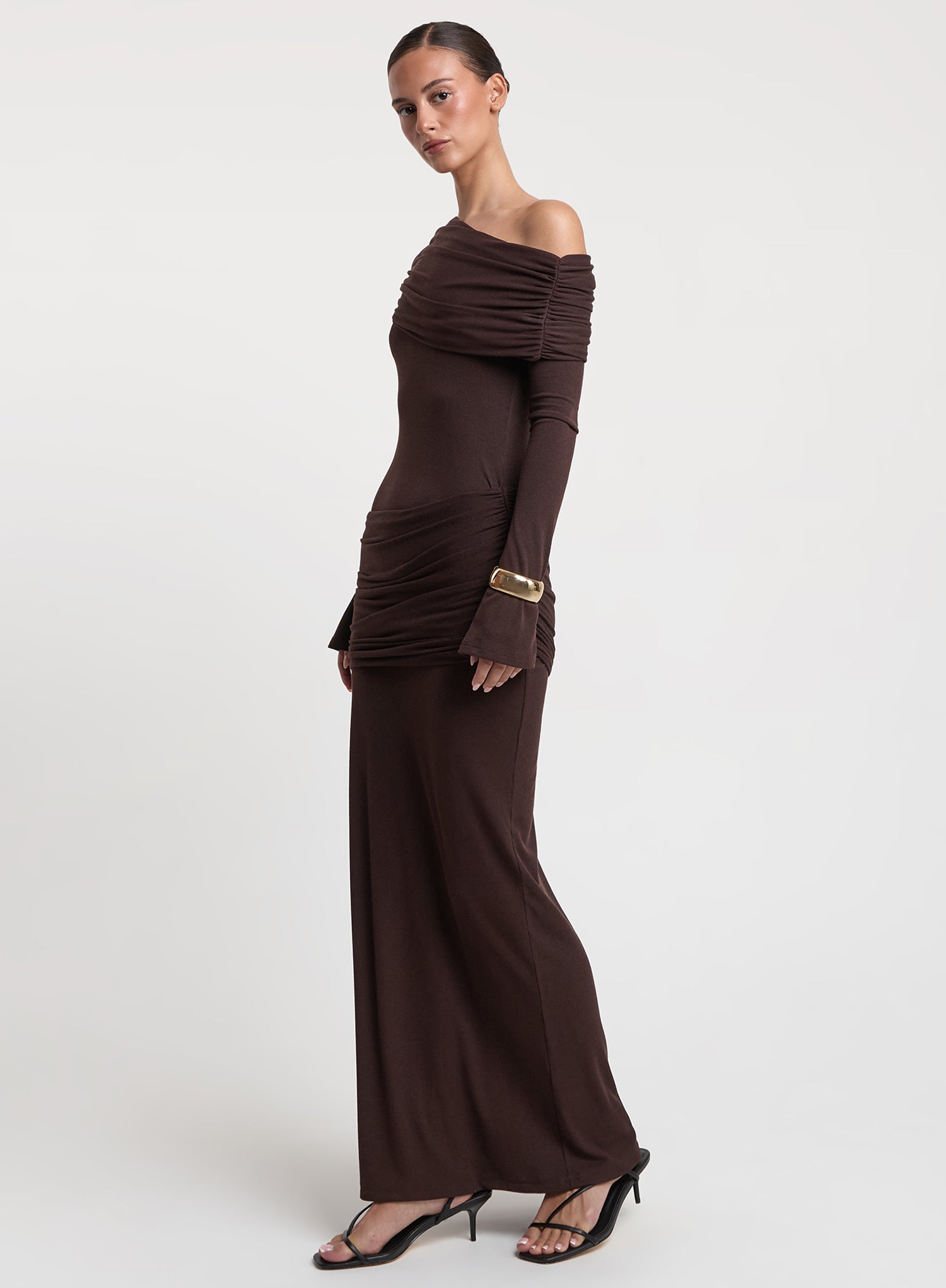 Chocolate Asymmetric Shoulder Waist Detail Maxi Dress